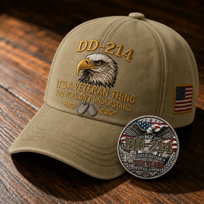 DD-214 Veteran Embroidered Cap with Free Pride Coin
