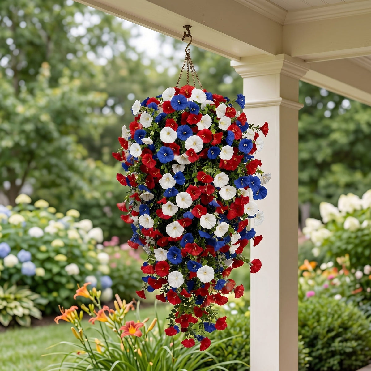 Patriotic Hanging Flower Baskets – Artificial Outdoor Decor, No Maintenance