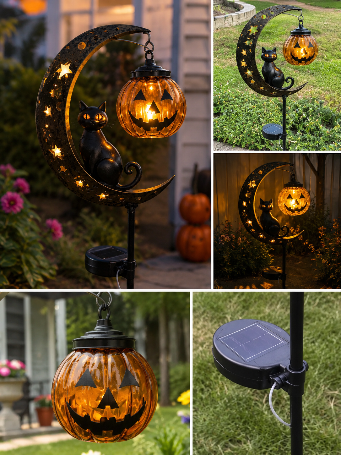 π Solar Black Cat & Pumpkin Moon Stake Light