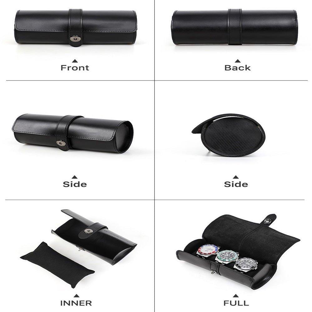 Woosir Leather Black Watch Roll Case for 3 Watches