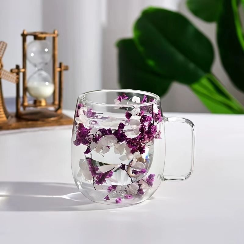 🎄🌸Transparent Double Glass Flower Tea Cup 350 ml