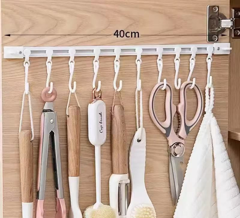 No-Drill Sliding Rail Hook Organizer – 10 Adjustable Cabinet Hooks