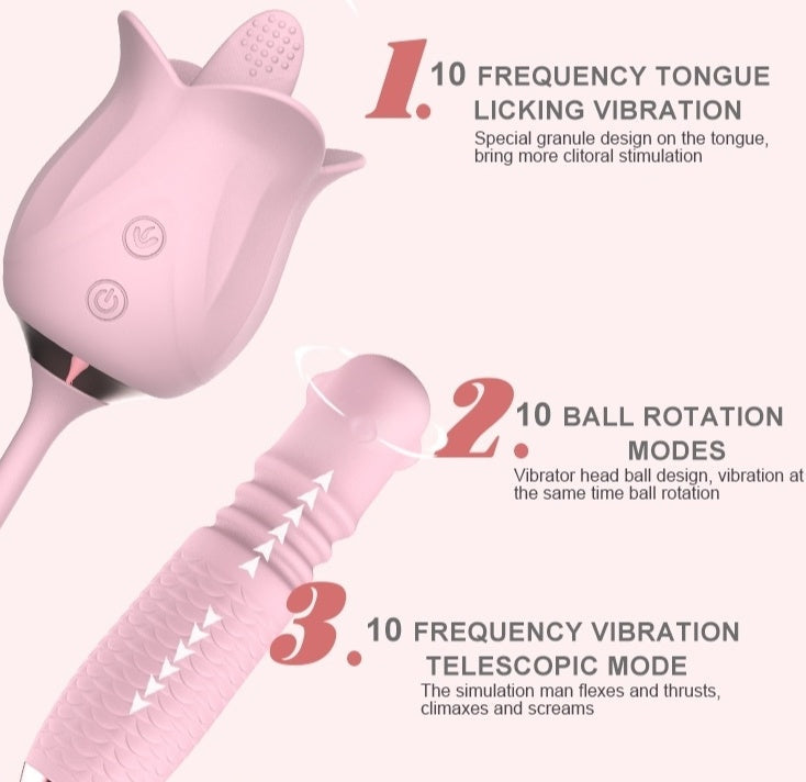 Lurevibe - 3-in-1 Blooming Sexy Pink Rose Toy Rotating Pearls Telescopic Tongue-licking Vibrator