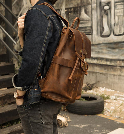 Vintage Small Leather Backpack Drawstring