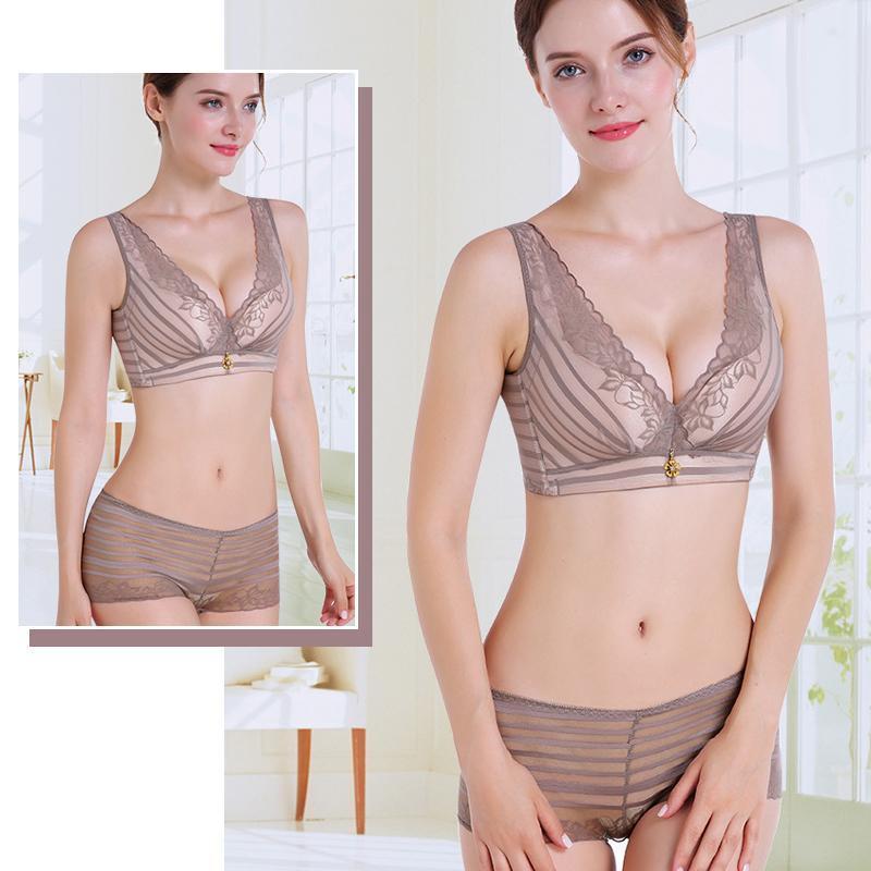 Libiyi-Stripes Lace Push-Up Seamless Breathable Zipper Bra