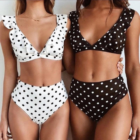 Libiyi-Polka Dot V Neck Swimsuit