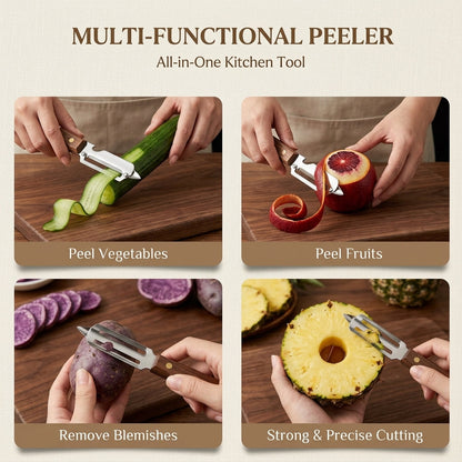 Ultra-Sharp Stainless Steel Peeler with Wooden Grip & Bottle Opener