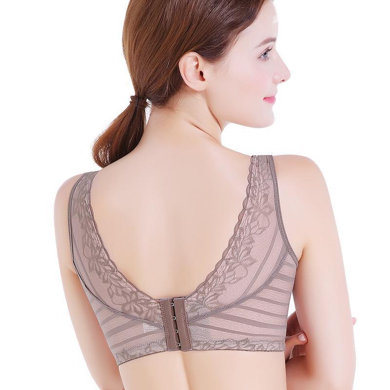 Libiyi-Stripes Lace Push-Up Seamless Breathable Zipper Bra