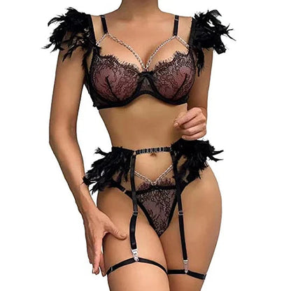 Hot Night Angel Feather Lace Ultra-thin Sexy Lingerie Suit