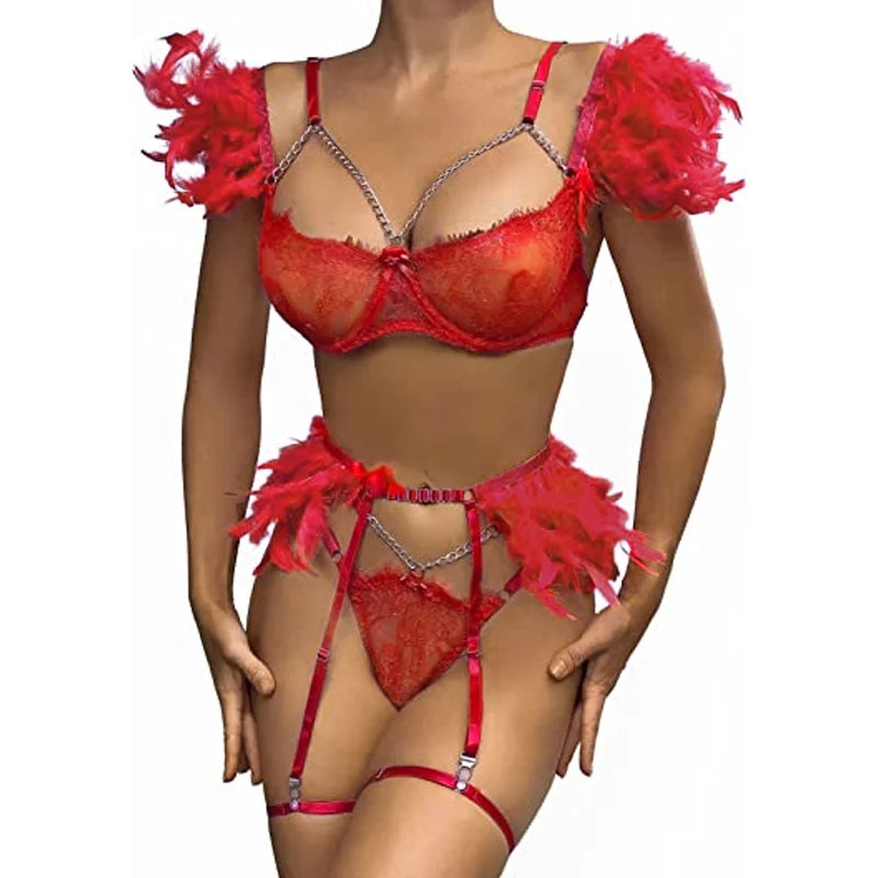 Hot Night Angel Feather Lace Ultra-thin Sexy Lingerie Suit