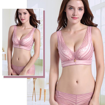 Libiyi-Stripes Lace Push-Up Seamless Breathable Zipper Bra