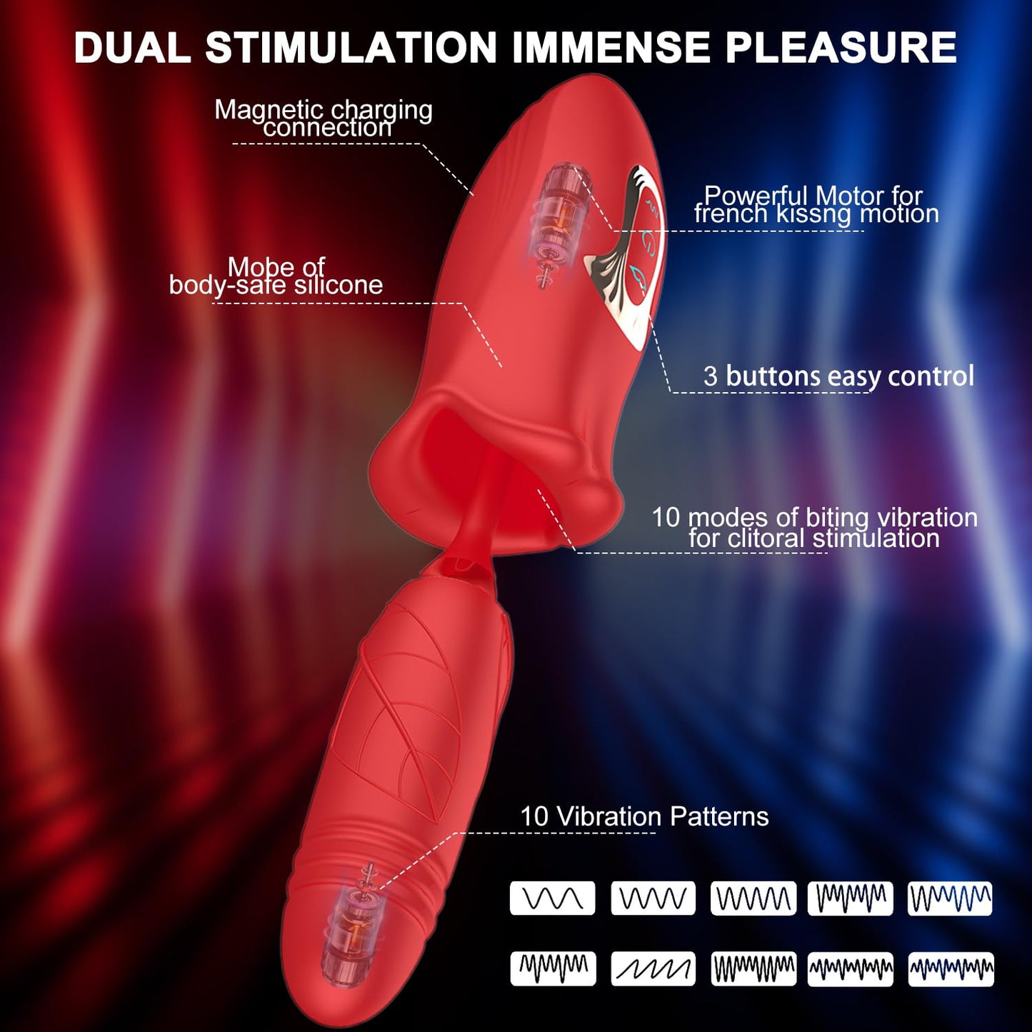 Rose Muncher Lip Tongue Suction Vibrator With Thrusting Dildo Vibrator