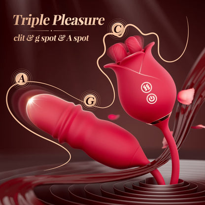 Lurevibe - Rose Romeo 3in1 Dual Tongue Rose Adult Toys Vibrators with 10 Licking & 10 Thrust, Clitoral Nipple Anal G Spot Vibrator