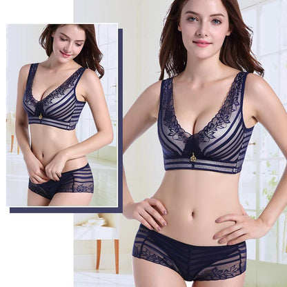 Libiyi-Stripes Lace Push-Up Seamless Breathable Zipper Bra