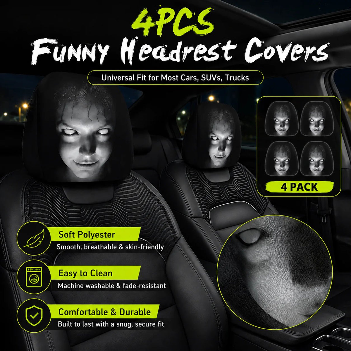 😆 Funny Cartoon Car Headrest Covers – 2PCS Universal Fit
