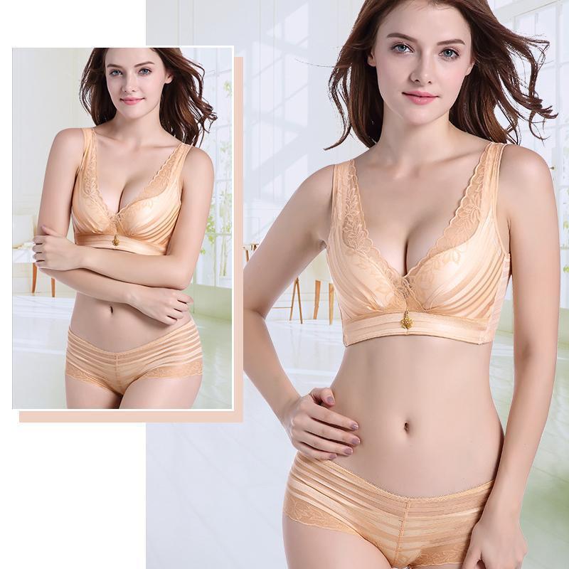 Libiyi-Stripes Lace Push-Up Seamless Breathable Zipper Bra