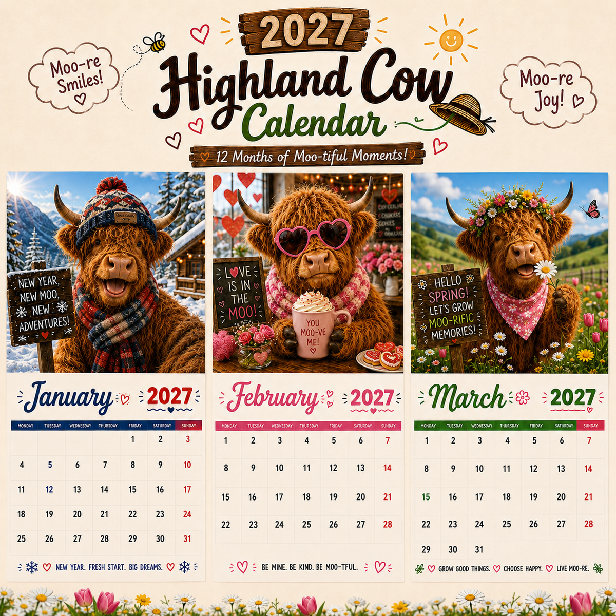 2027 Funny Highland Cow Wall Calendar
