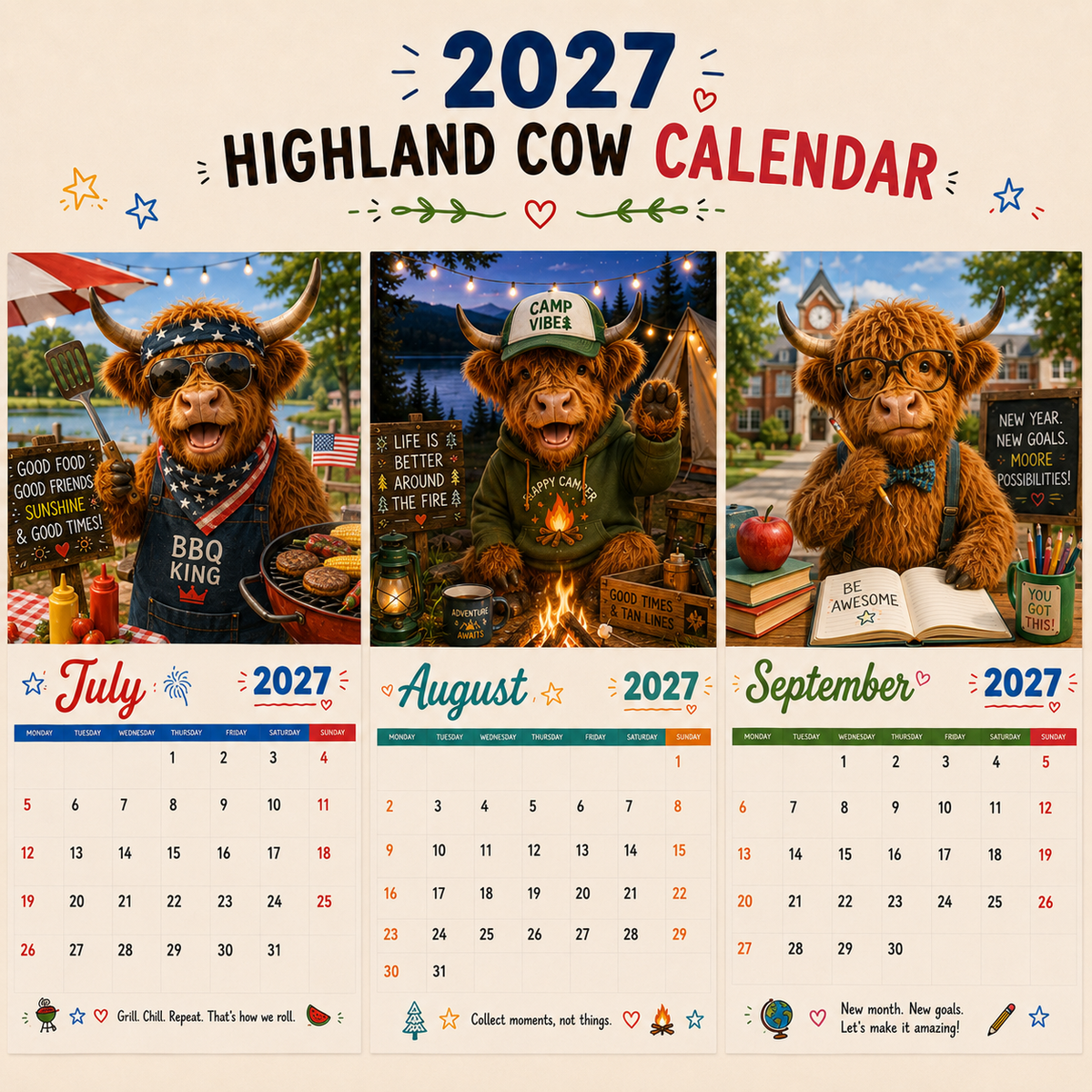 2027 Funny Highland Cow Wall Calendar
