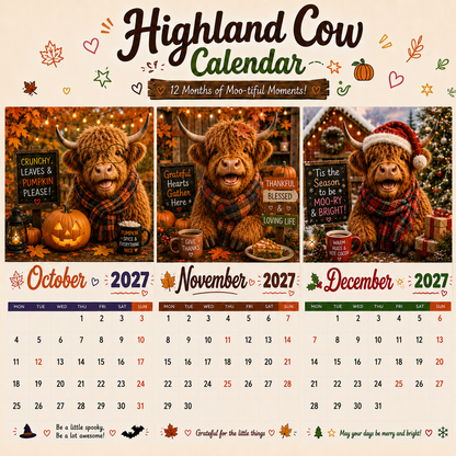 2027 Funny Highland Cow Wall Calendar