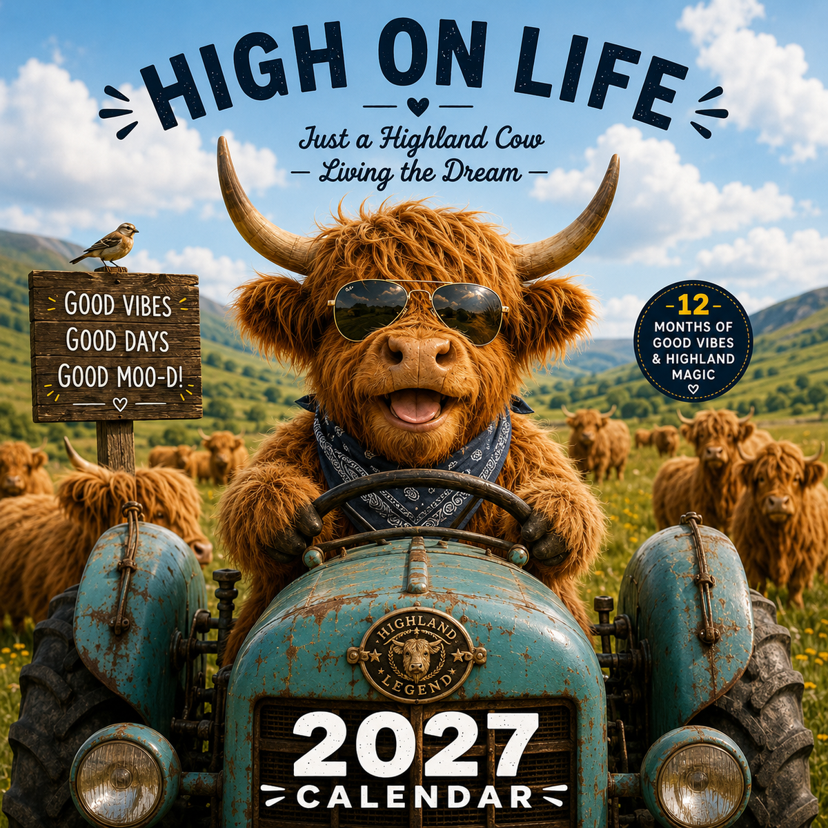 2027 Funny Highland Cow Wall Calendar