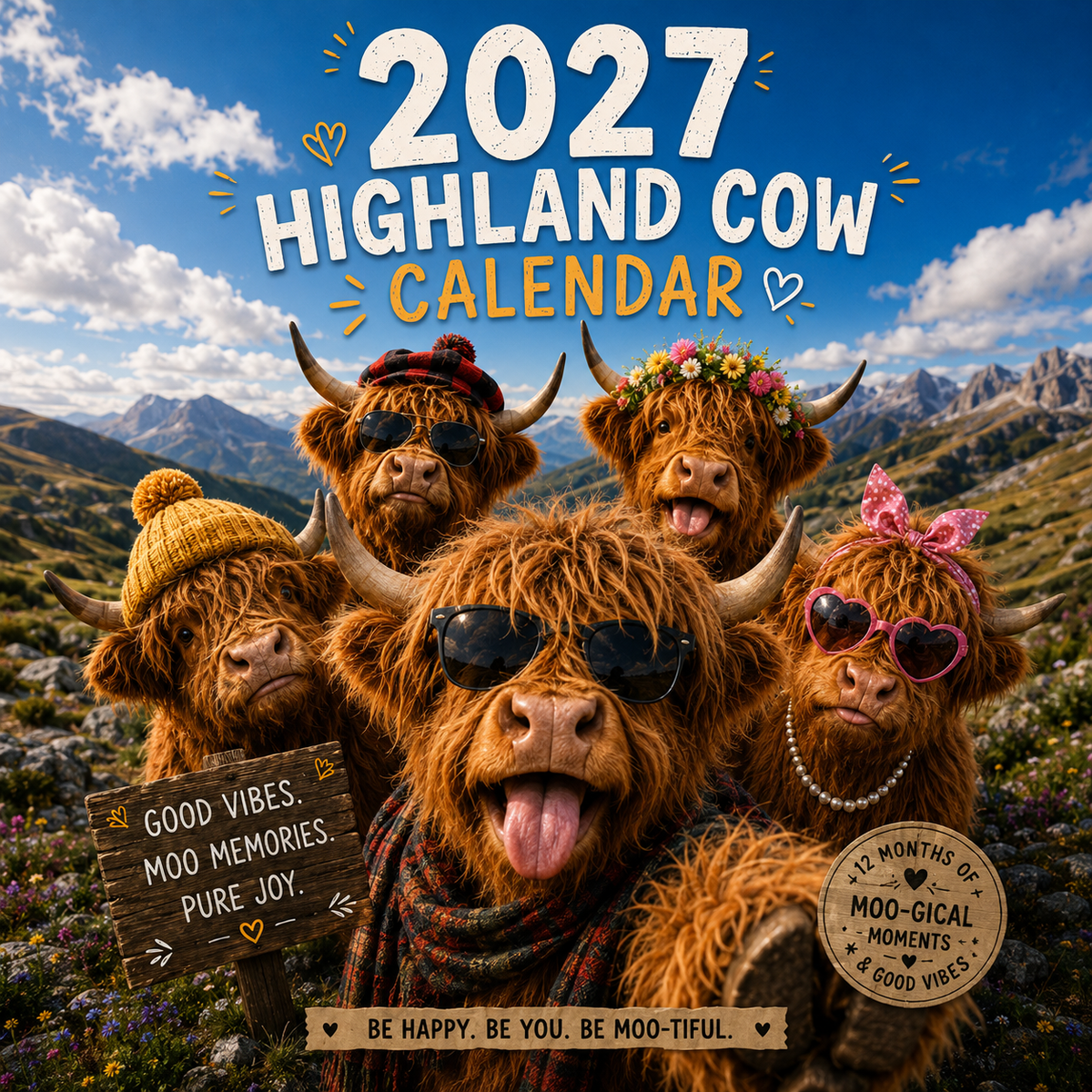 2027 Funny Highland Cow Wall Calendar