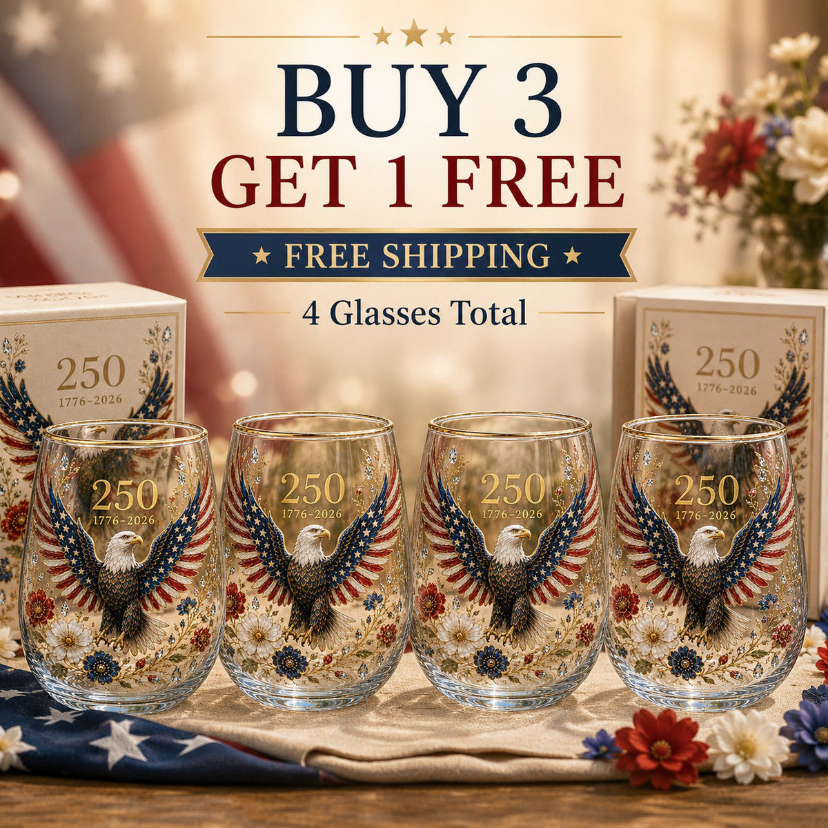🦅Patriotic Eagle 250th Anniversary-Inspired Glass Tumbler