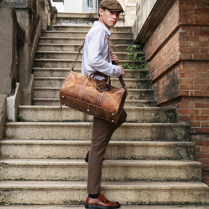 Embossed Full Grain Leather Duffle Bag for Men