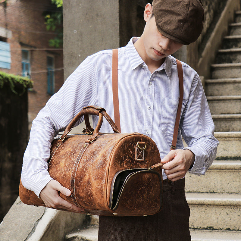 Embossed Full Grain Leather Duffle Bag for Men