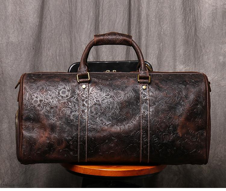 Embossed Full Grain Leather Duffle Bag for Men