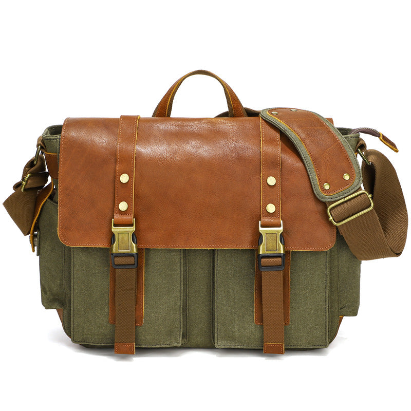 Mens Waxed Canvas Briefcase with Top-Grain Leather
