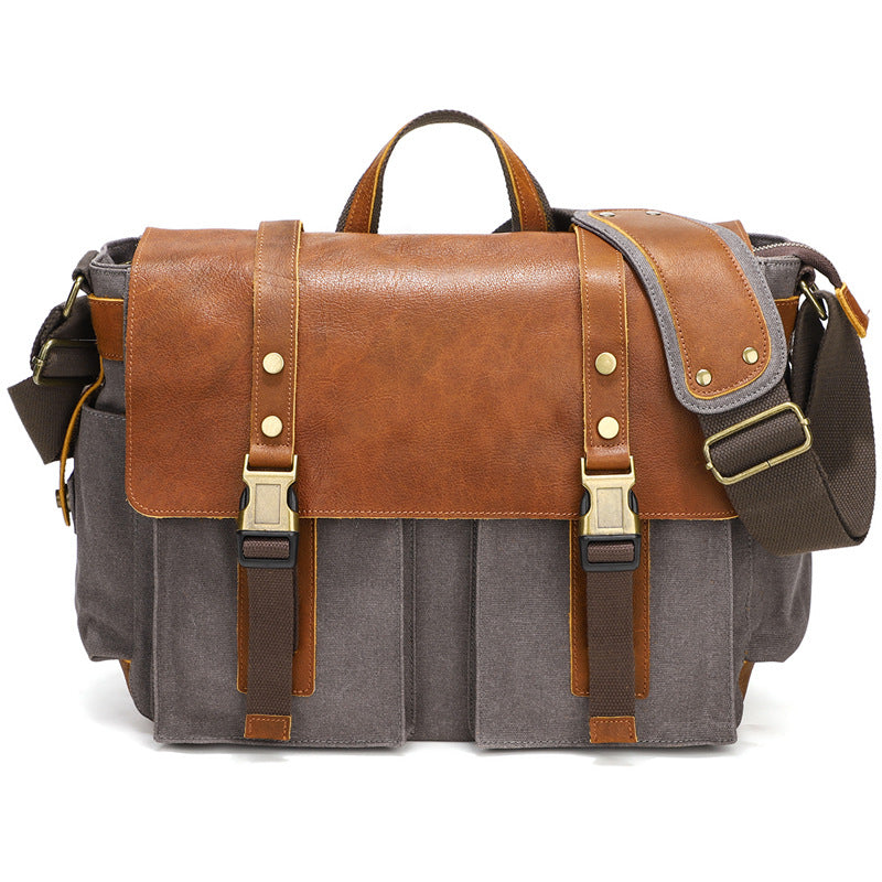 Mens Waxed Canvas Briefcase with Top-Grain Leather