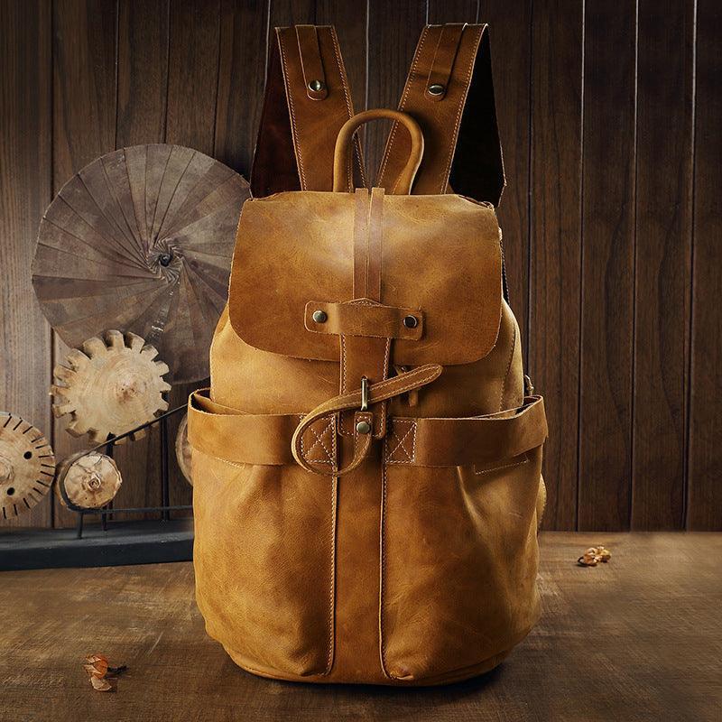 Vintage Small Leather Backpack Drawstring