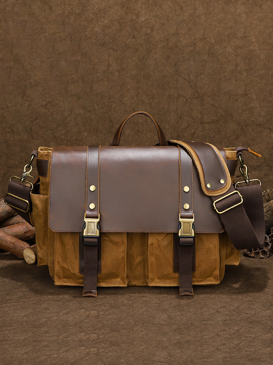 Waxed Canvas Briefcase with Crazy Horse Leather