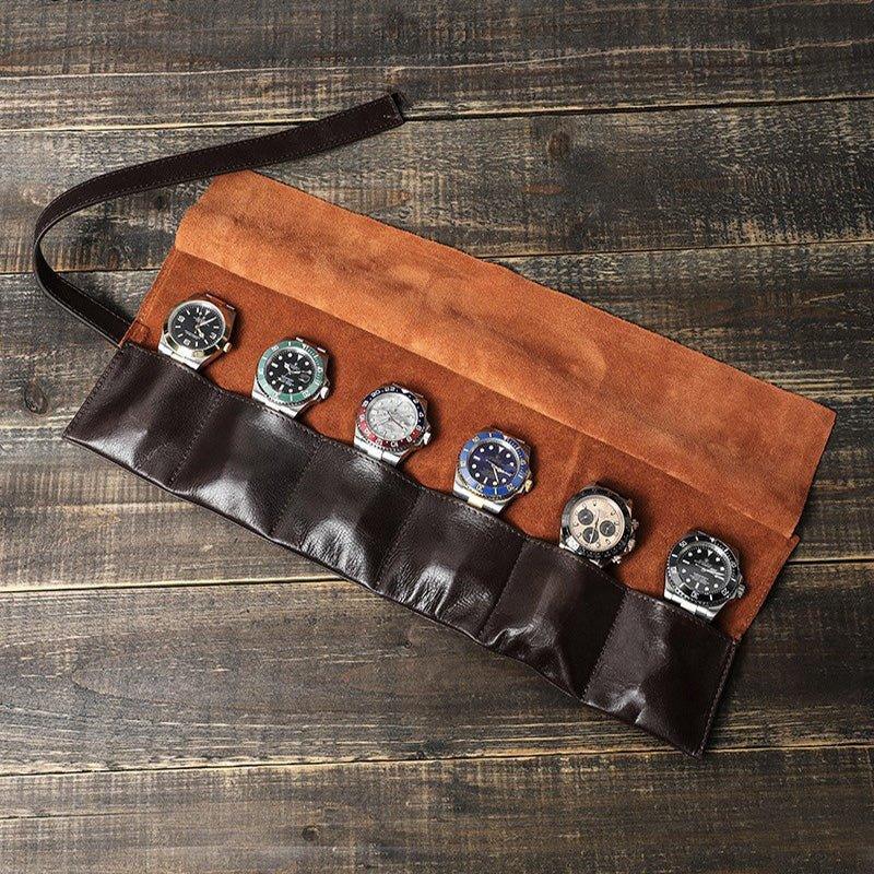 Woosir Leather Watch Travel Roll Case for 6 Watches
