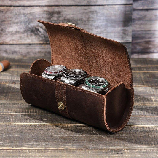 Woosir Round Shape Leather Watch Roll Case for 3 Watches