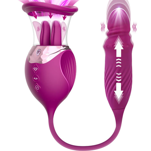 Lurevibe - Rose Sex Toy 4 In1 Tongue Licking Thrusting G Spot Vibrator Clitoral Nipple Sucker Pump Stimulator