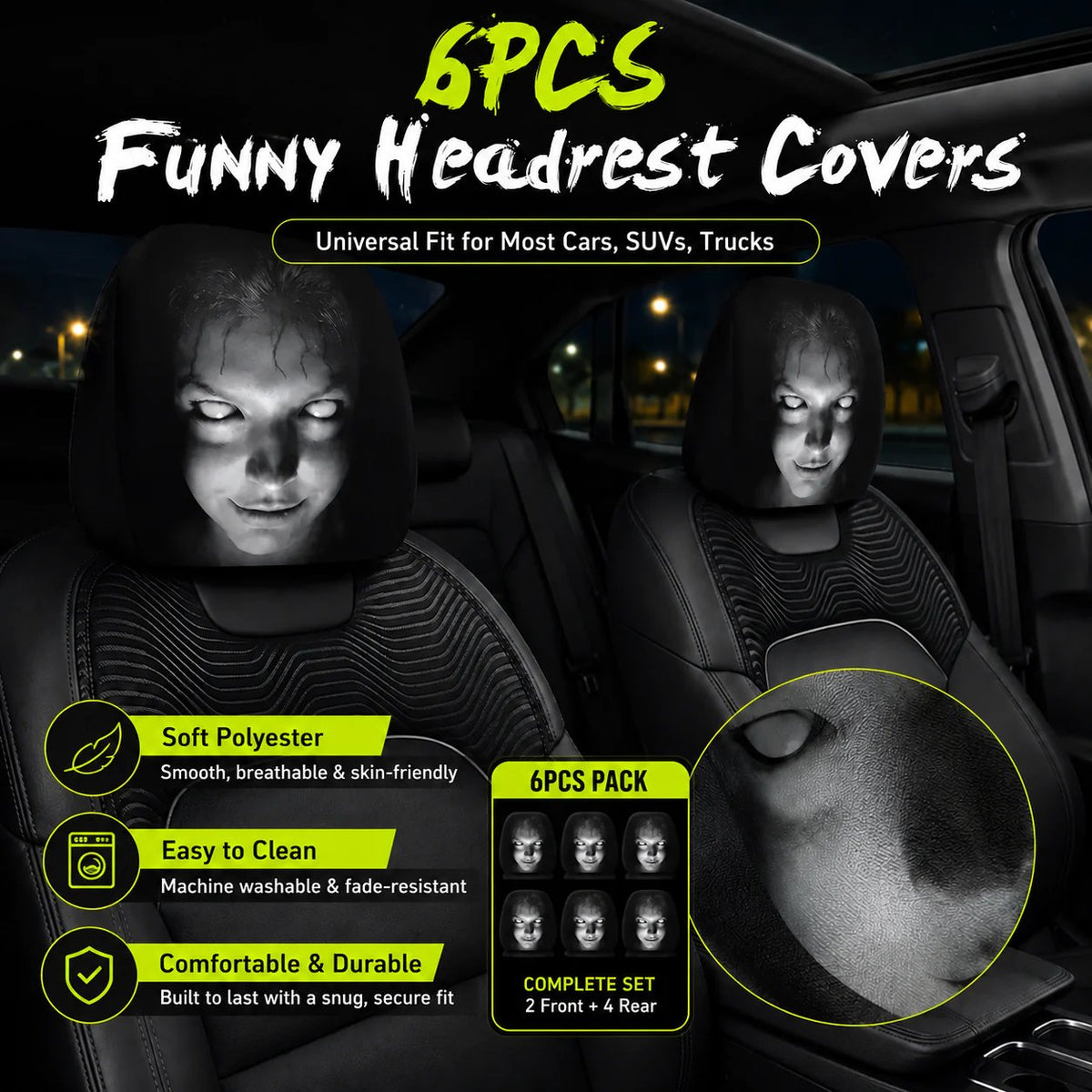 😆 Funny Cartoon Car Headrest Covers – 2PCS Universal Fit