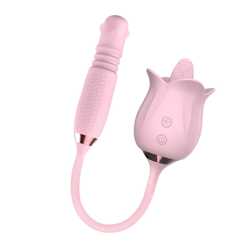 Lurevibe - 3-in-1 Blooming Sexy Pink Rose Toy Rotating Pearls Telescopic Tongue-licking Vibrator