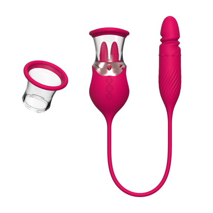 Lurevibe - Rose Sex Toy 4 In1 Tongue Licking Thrusting G Spot Vibrator Clitoral Nipple Sucker Pump Stimulator