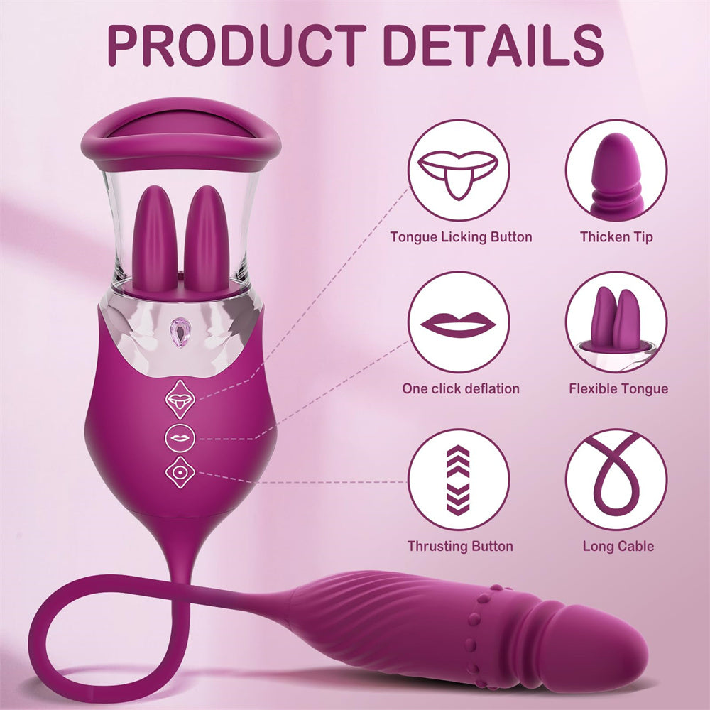 Lurevibe - Rose Sex Toy 4 In1 Tongue Licking Thrusting G Spot Vibrator Clitoral Nipple Sucker Pump Stimulator