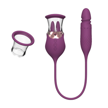 Lurevibe - Rose Sex Toy 4 In1 Tongue Licking Thrusting G Spot Vibrator Clitoral Nipple Sucker Pump Stimulator