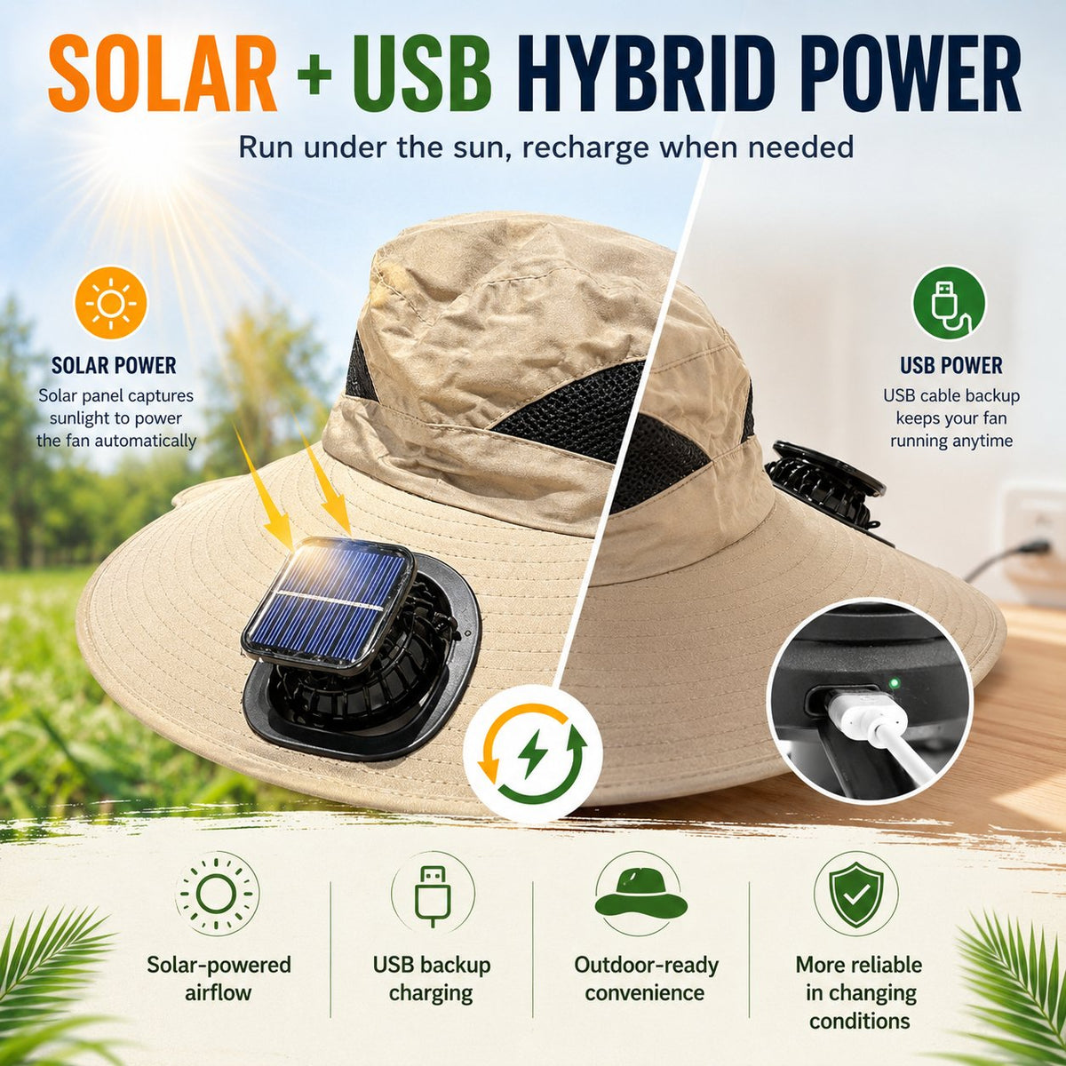 Dual Solar/USB Powered Fan Safari Hat