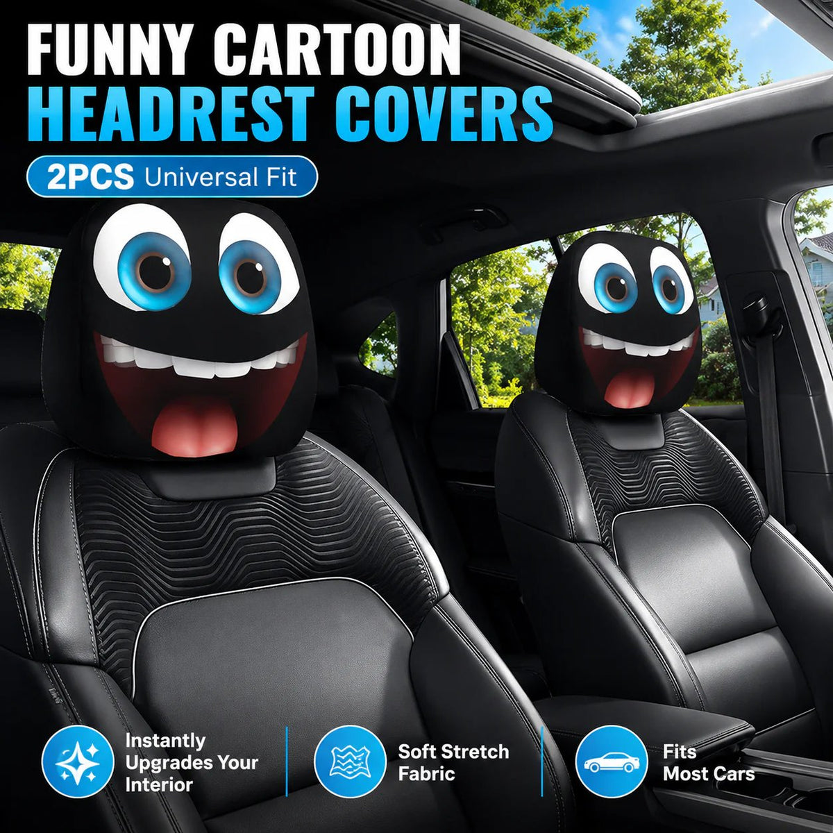 😆 Funny Cartoon Car Headrest Covers – 2PCS Universal Fit