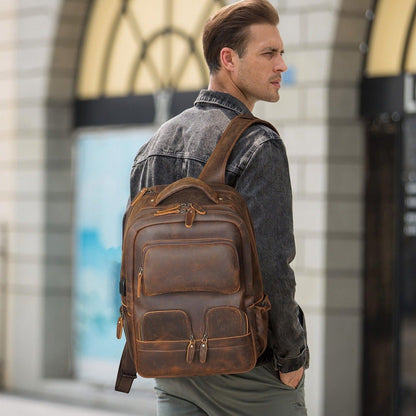 Mens Leather Backpack Multi Pocket