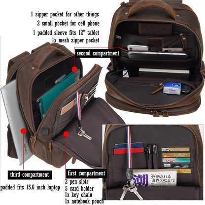 Mens Leather Backpack Multi Pocket