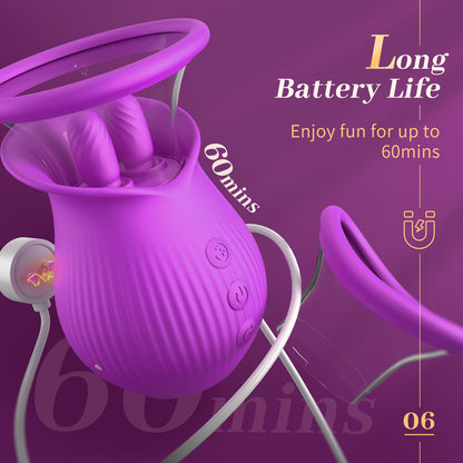 Lurevibe - Rose Romeo - 3in1 Rose Sex Toy with 2 Suction Cups, Adult Toys Female Clitoral Nipple Vibrators with 10 Licking Sucking Vibrating