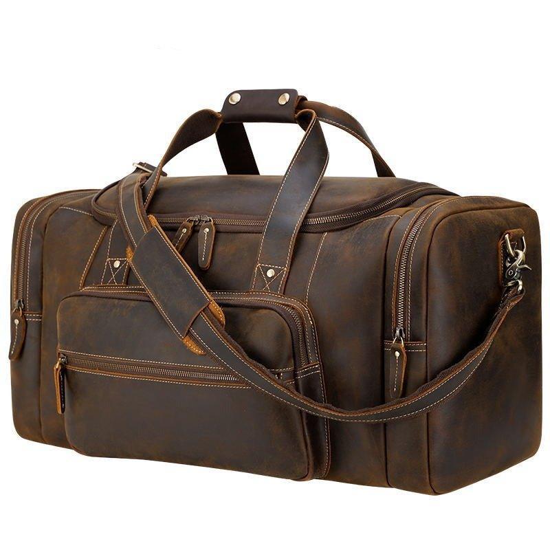 Brown Leather Duffle Bag with Front Pocket