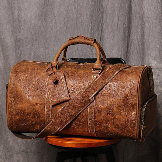 Embossed Full Grain Leather Duffle Bag for Men