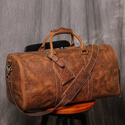 Embossed Full Grain Leather Duffle Bag for Men