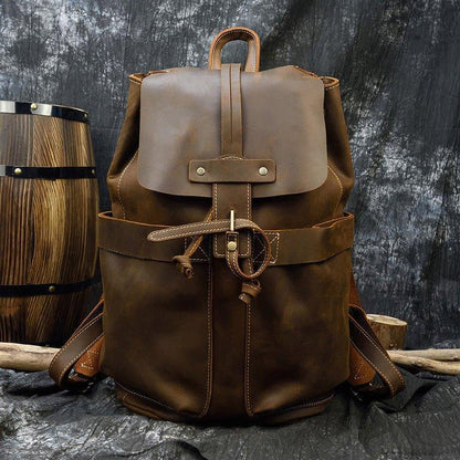 Vintage Small Leather Backpack Drawstring